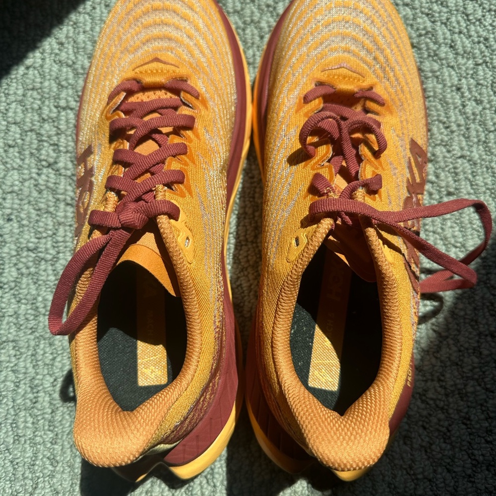 Hoka Orange and Burgundy Athletic Shoes